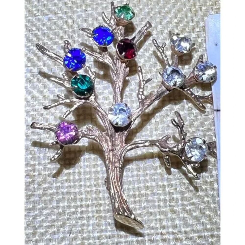 Sarah Coventry RARE Rhinestones Tree Brooch Gold Tone